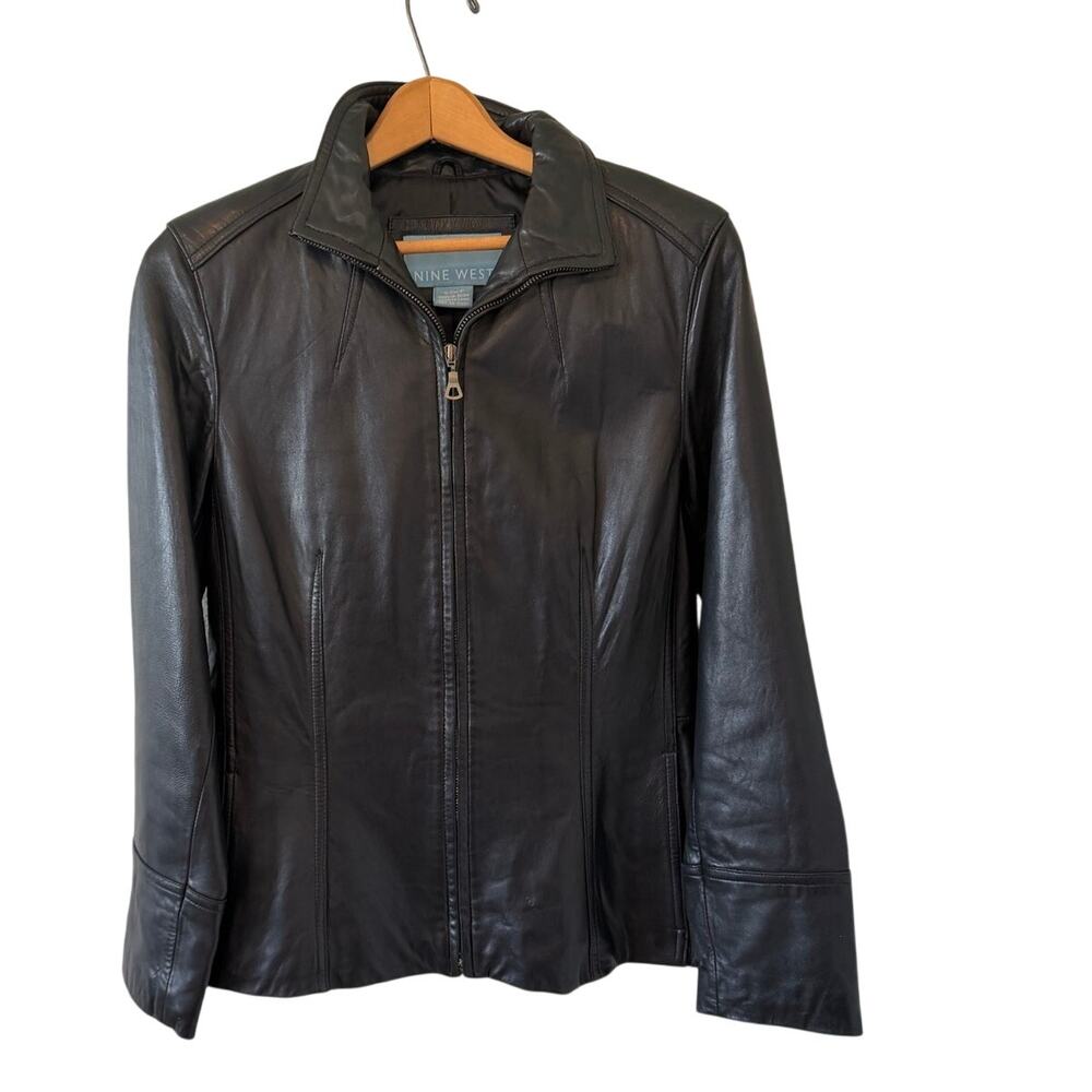Women's Nine West Black Leather Fall Zipper Front Jacket Coat Size Small
